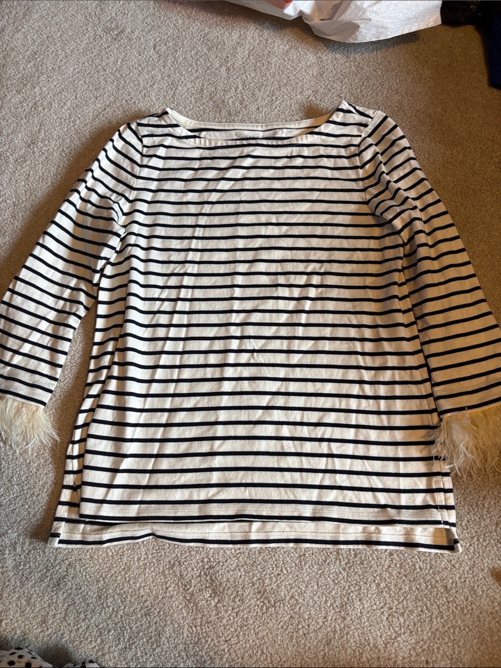 Talbots Black & White Striped Boatneck Top with Feather Cuffs